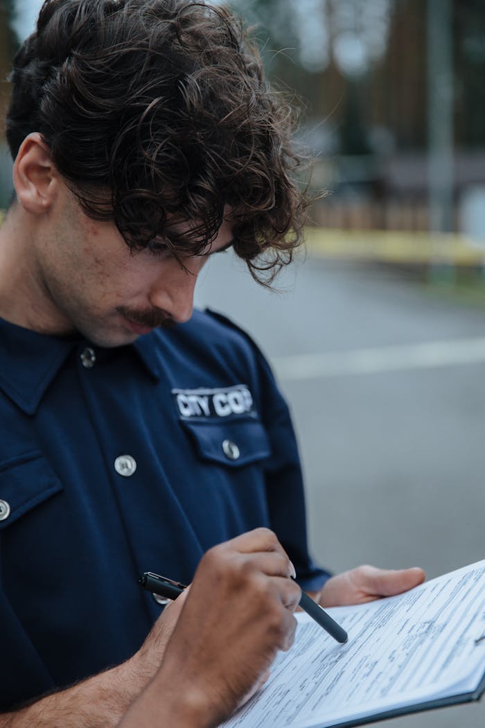 A police officer attentively takes notes in an outdoor setting.